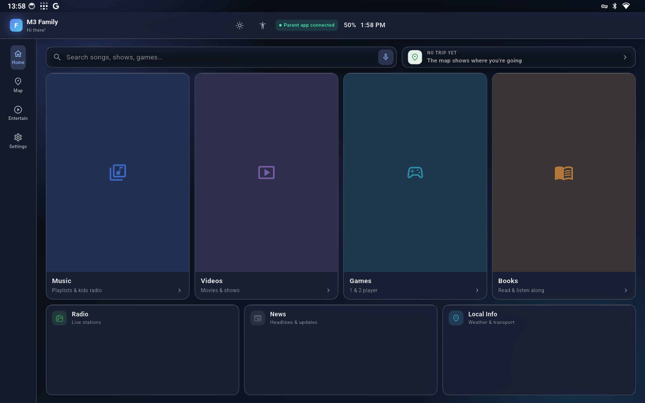M3 Family dashboard — search, trip strip and category tiles
