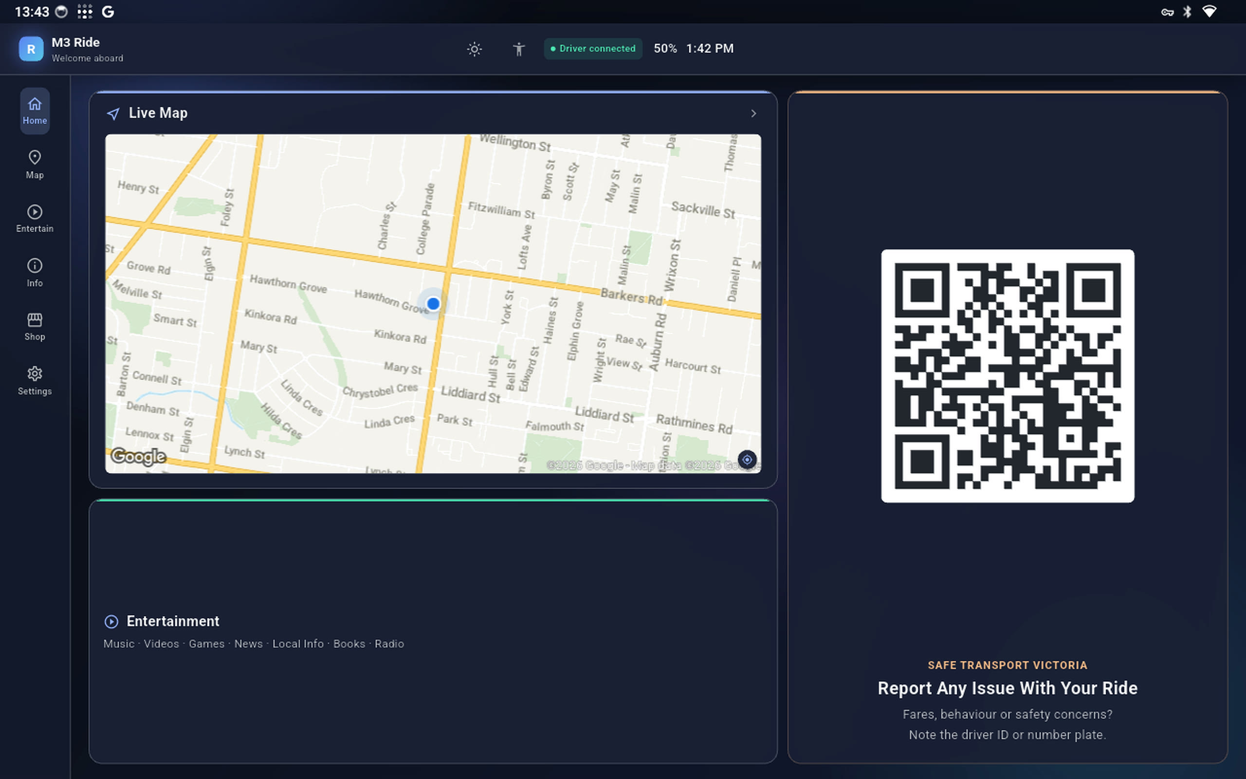 M3 Ride home screen — live map and safety QR