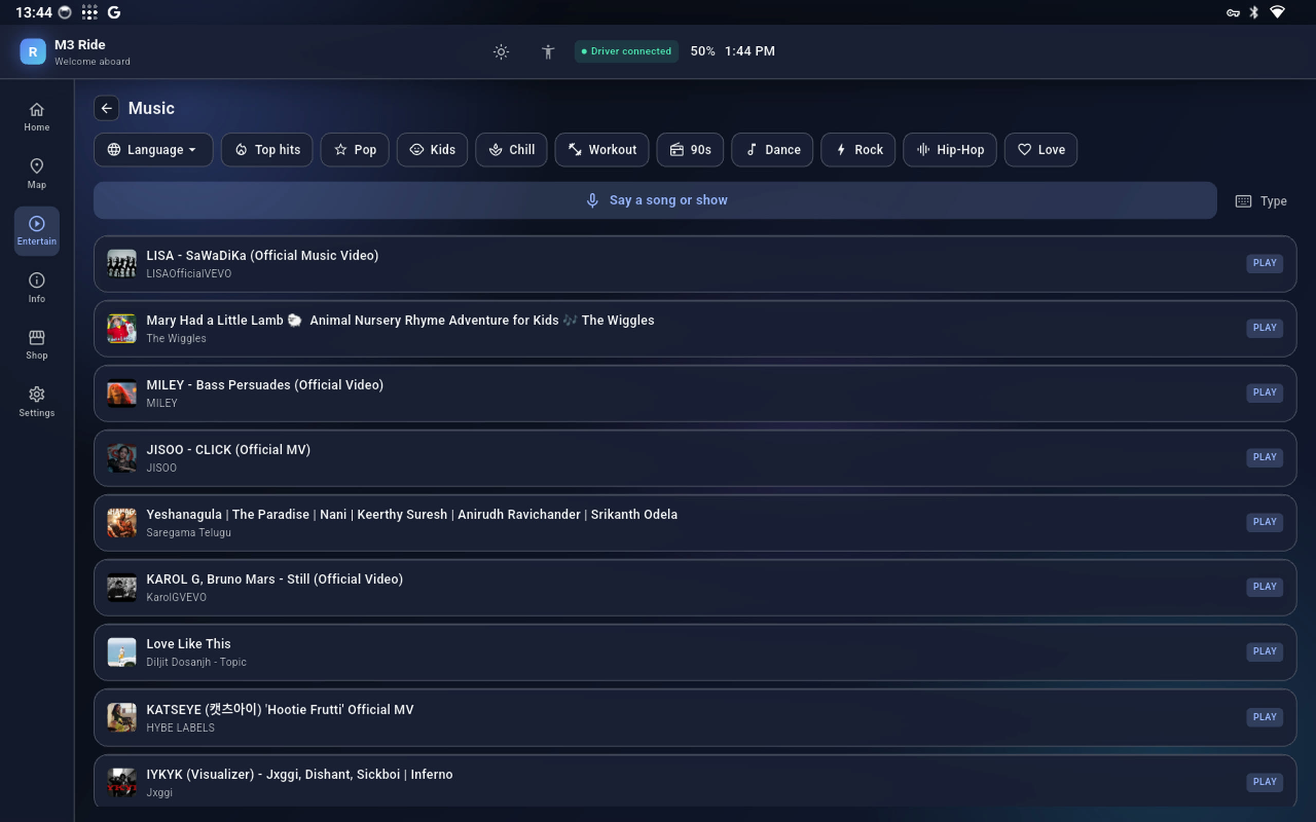 M3 music screen with genre chips and track list
